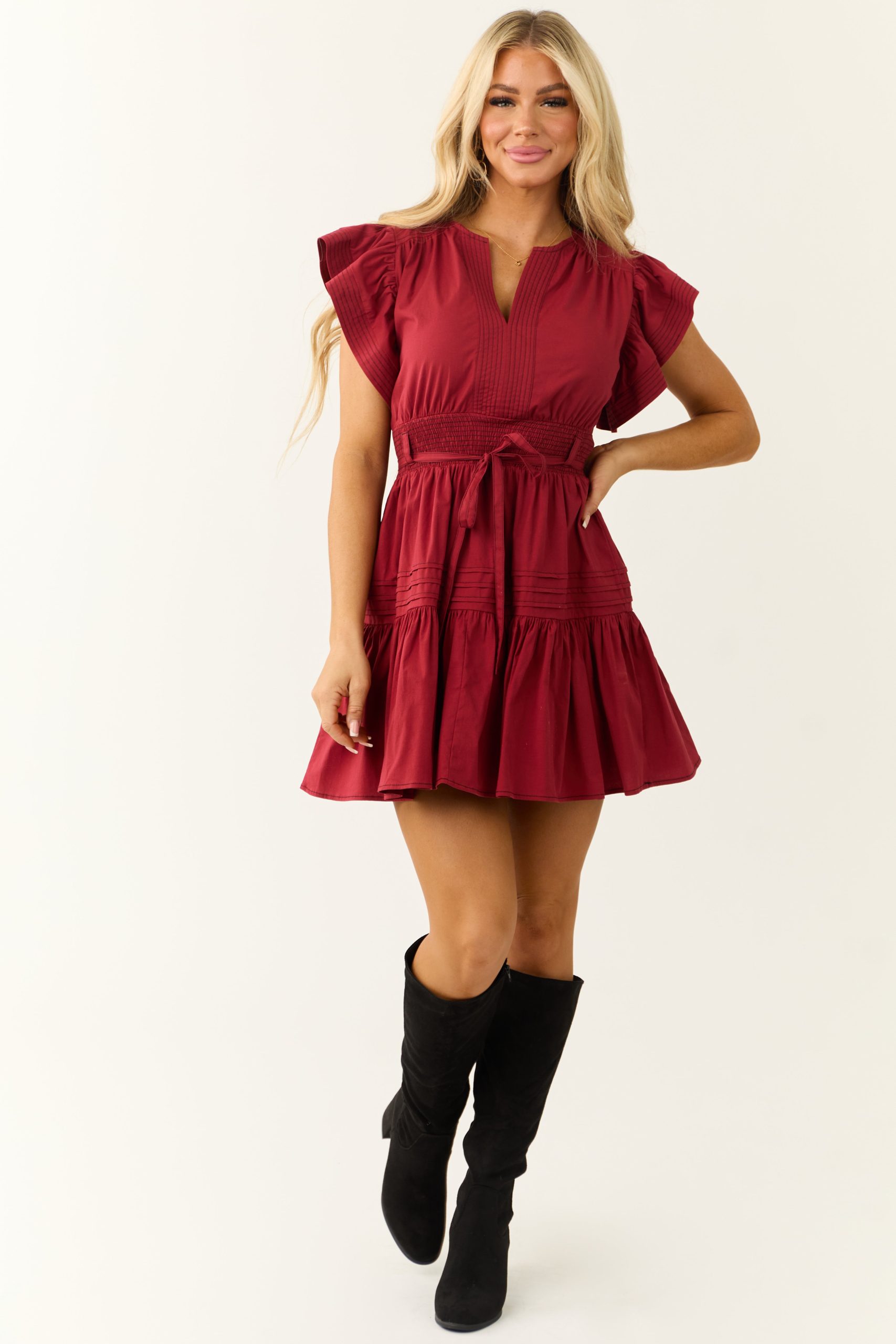 Maroon Ruffle Short Sleeve V Neck Mini Dress Online Hot Sale